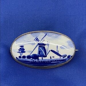 Blue and White Delft-Style Windmill Porcelain Brooch